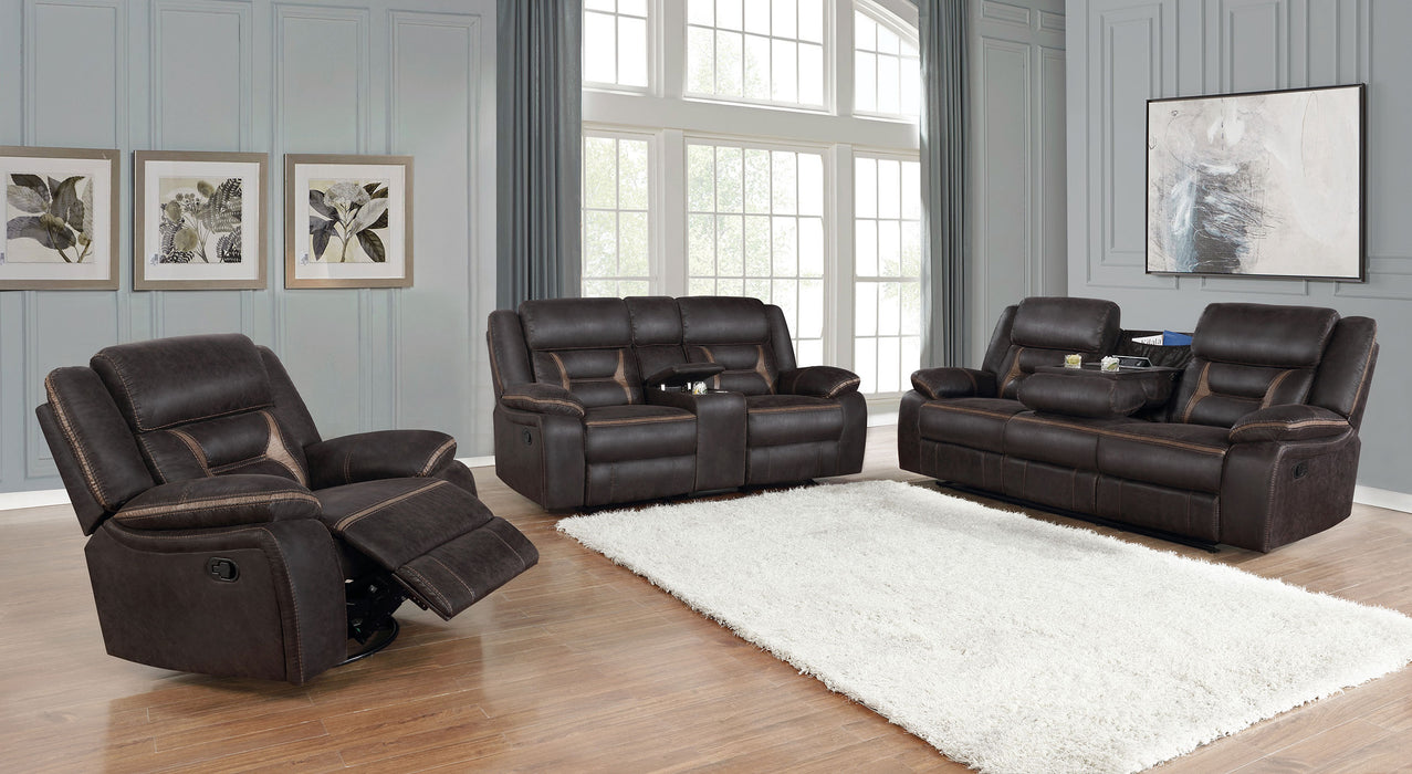 Greer Upholstered Motion Reclining Loveseat Brown