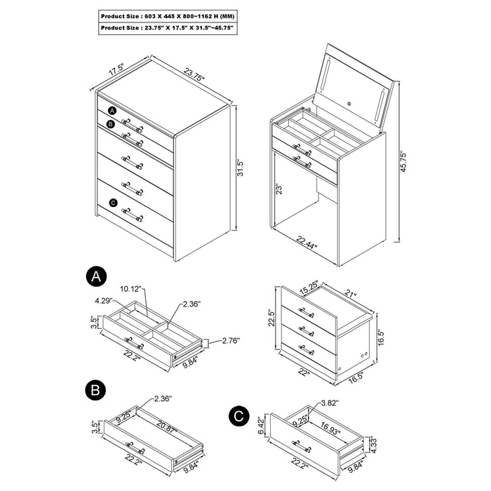 Danbury 3-drawer Makeup Vanity & Stool Set Black High Gloss