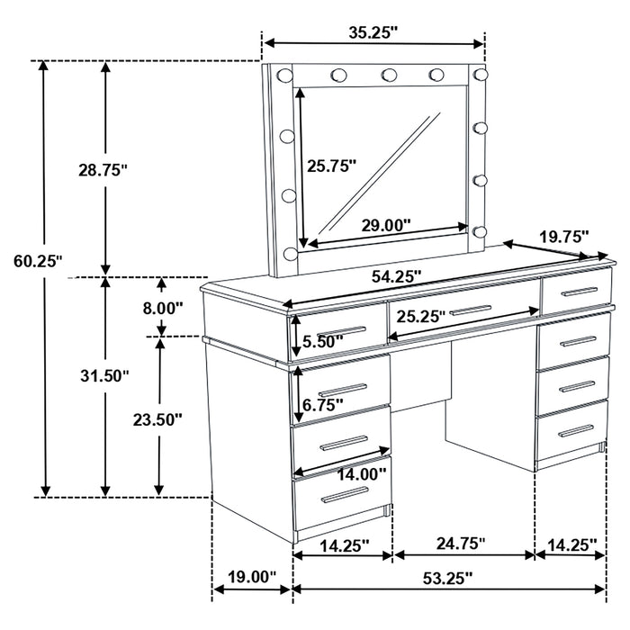 Felicity 9-drawer Vanity Table Lighted Mirror Glossy White