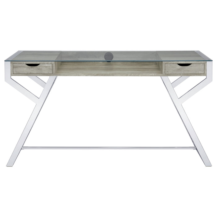 Emelle 56-inch Glass Top Writing Desk Grey Driftwood