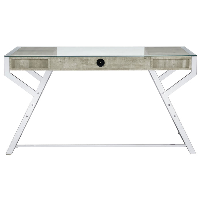 Emelle 56-inch Glass Top Writing Desk Grey Driftwood