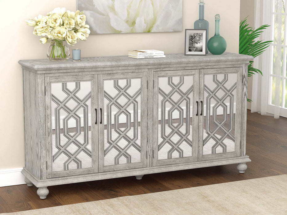 Melanie 4-door Wood Trellis Accent Cabinet Distressed White