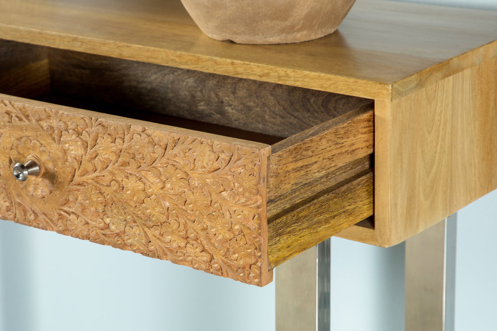 Draco 2-drawer Console Table Hand Carved Details Natural